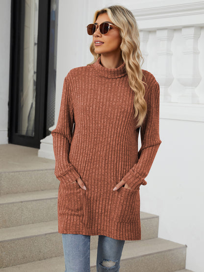 TEMOFON Long Sleeve Tops for Women Casual Turtleneck Soft Sweaters Fall Loose Knit Tunic Tops Fall Pullover Winter Clothes with Pocket