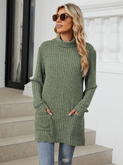 TEMOFON Long Sleeve Tops for Women Casual Turtleneck Soft Sweaters Fall Loose Knit Tunic Tops Fall Pullover Winter Clothes with Pocket