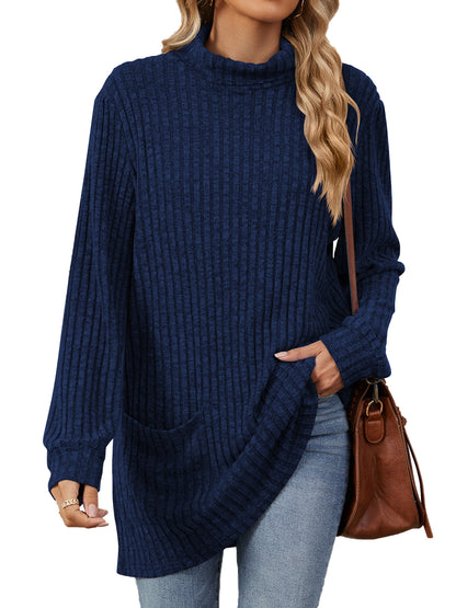 TEMOFON Long Sleeve Tops for Women Casual Turtleneck Soft Sweaters Fall Loose Knit Tunic Tops Fall Pullover Winter Clothes with Pocket