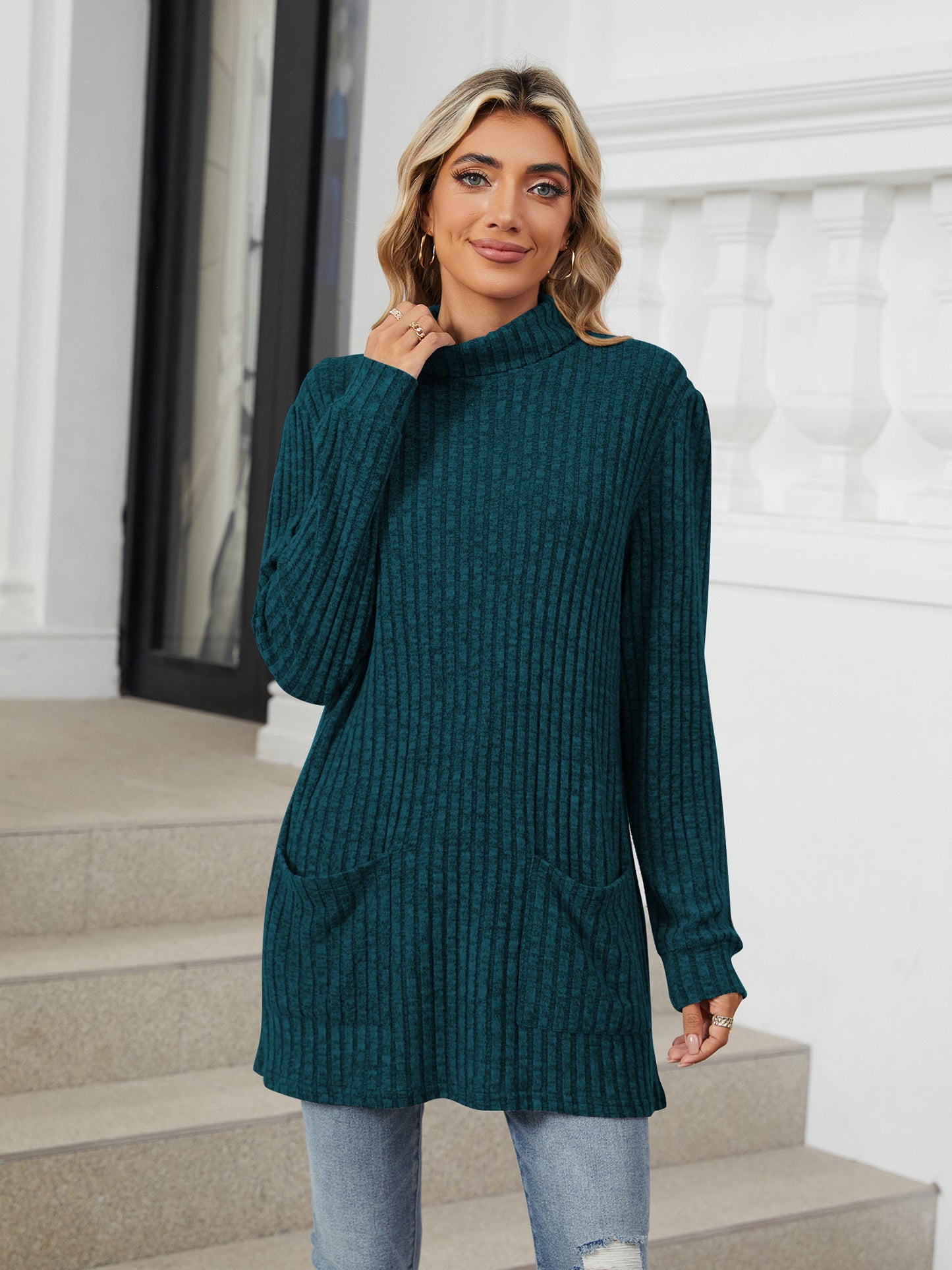 TEMOFON Long Sleeve Tops for Women Casual Turtleneck Soft Sweaters Fall Loose Knit Tunic Tops Fall Pullover Winter Clothes with Pocket