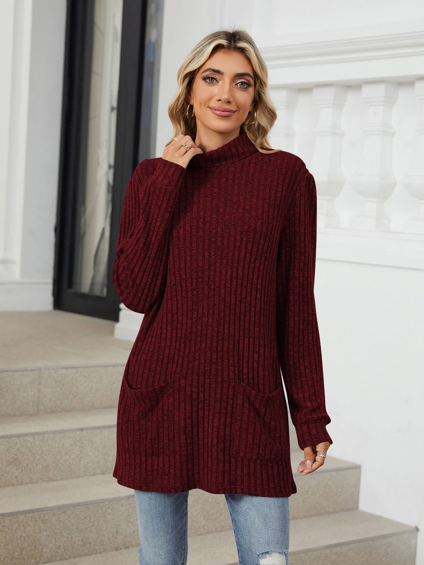 TEMOFON Long Sleeve Tops for Women Casual Turtleneck Soft Sweaters Fall Loose Knit Tunic Tops Fall Pullover Winter Clothes with Pocket