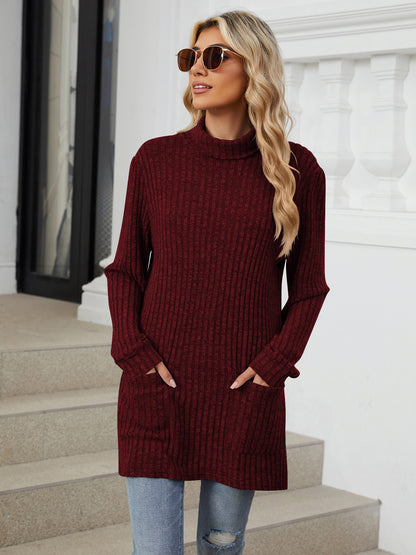 TEMOFON Long Sleeve Tops for Women Casual Turtleneck Soft Sweaters Fall Loose Knit Tunic Tops Fall Pullover Winter Clothes with Pocket
