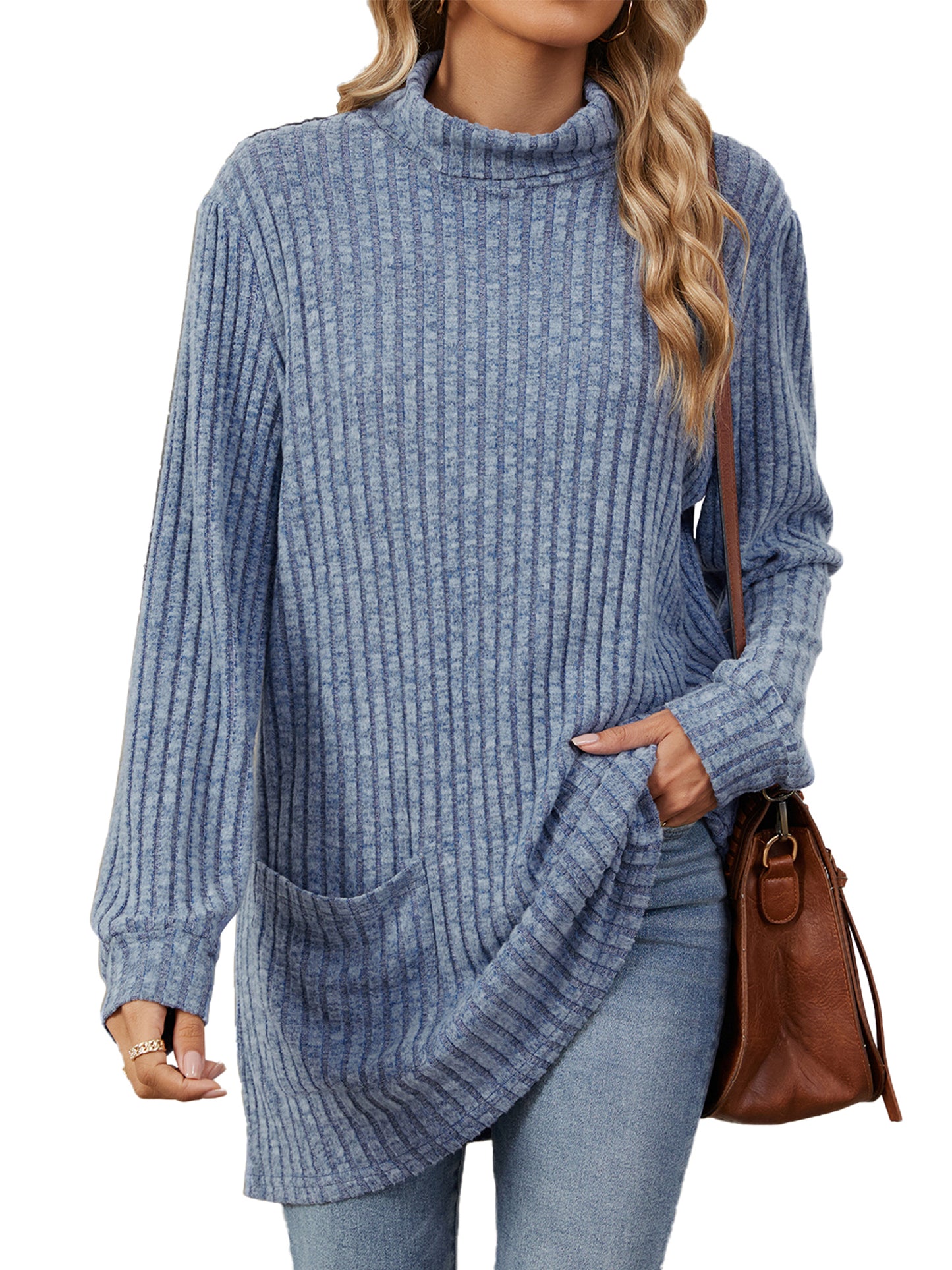 TEMOFON Long Sleeve Tops for Women Casual Turtleneck Soft Sweaters Fall Loose Knit Tunic Tops Fall Pullover Winter Clothes with Pocket