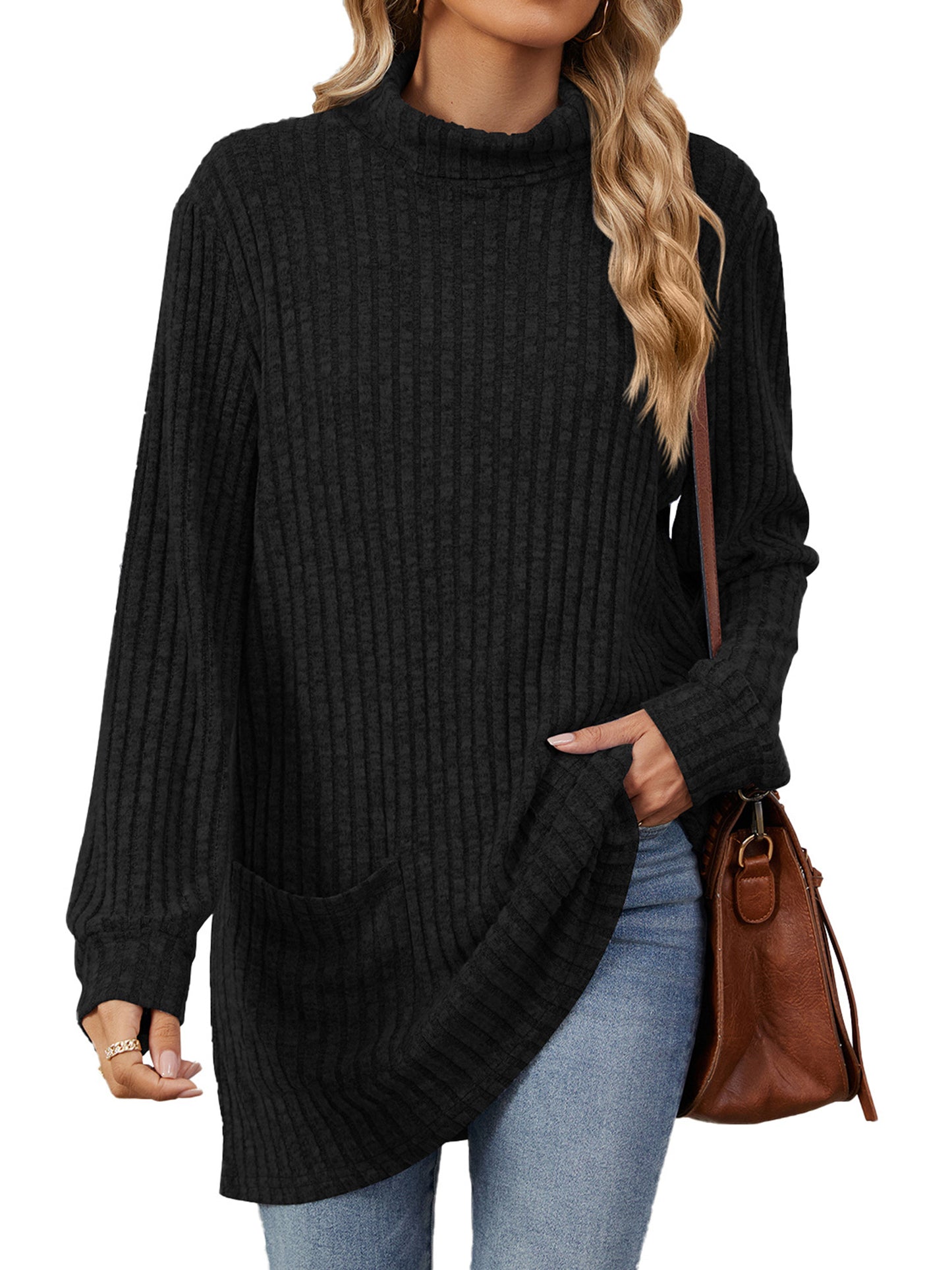 TEMOFON Long Sleeve Tops for Women Casual Turtleneck Soft Sweaters Fall Loose Knit Tunic Tops Fall Pullover Winter Clothes with Pocket