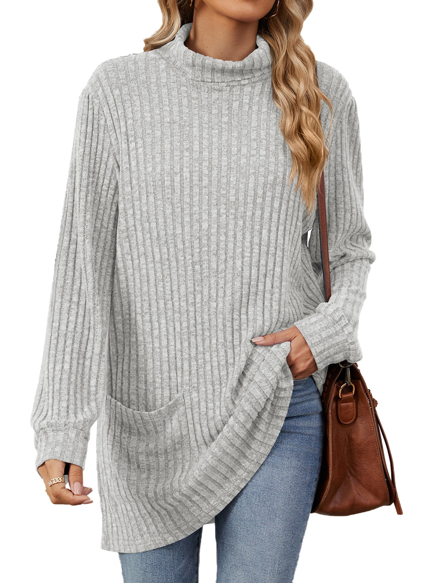 TEMOFON Long Sleeve Tops for Women Casual Turtleneck Soft Sweaters Fall Loose Knit Tunic Tops Fall Pullover Winter Clothes with Pocket
