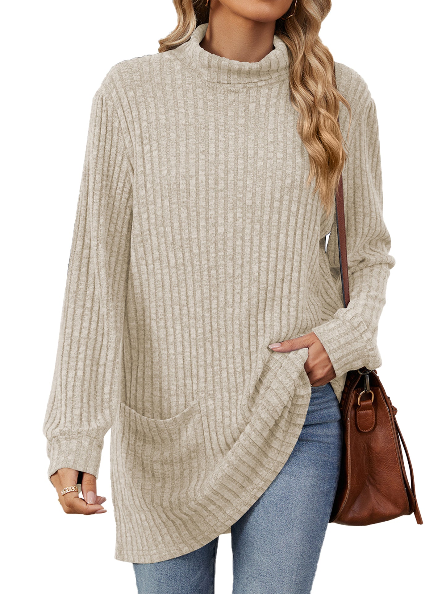 TEMOFON Long Sleeve Tops for Women Casual Turtleneck Soft Sweaters Fall Loose Knit Tunic Tops Fall Pullover Winter Clothes with Pocket