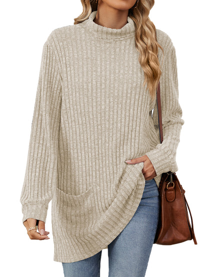 TEMOFON Long Sleeve Tops for Women Casual Turtleneck Soft Sweaters Fall Loose Knit Tunic Tops Fall Pullover Winter Clothes with Pocket