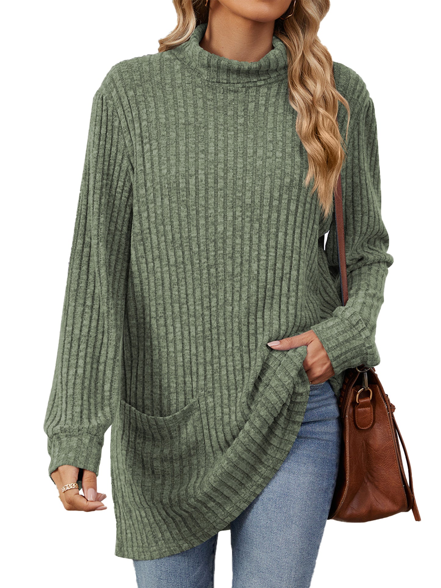 TEMOFON Long Sleeve Tops for Women Casual Turtleneck Soft Sweaters Fall Loose Knit Tunic Tops Fall Pullover Winter Clothes with Pocket