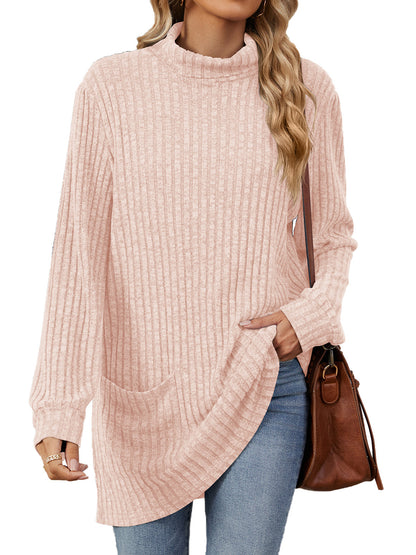 TEMOFON Long Sleeve Tops for Women Casual Turtleneck Soft Sweaters Fall Loose Knit Tunic Tops Fall Pullover Winter Clothes with Pocket
