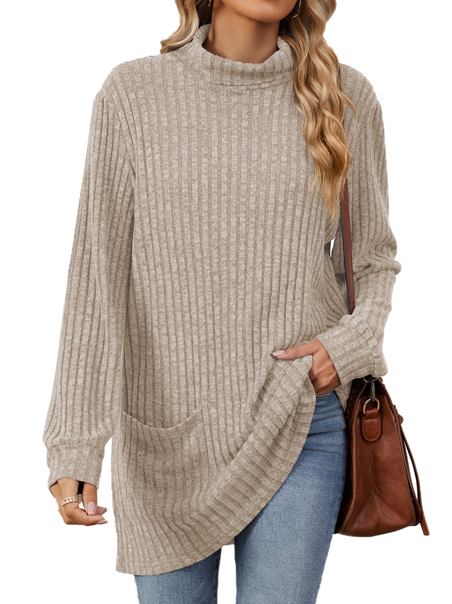 TEMOFON Long Sleeve Tops for Women Casual Turtleneck Soft Sweaters Fall Loose Knit Tunic Tops Fall Pullover Winter Clothes with Pocket