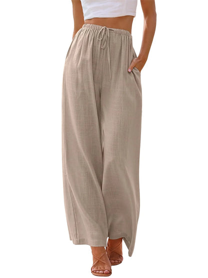 TEMOFON Pants for Women Plus Size Wide Leg Linen Pant Summer Casual Palazzo Flowy Pants with Pocket Drawstring Loose Lightweight Pants