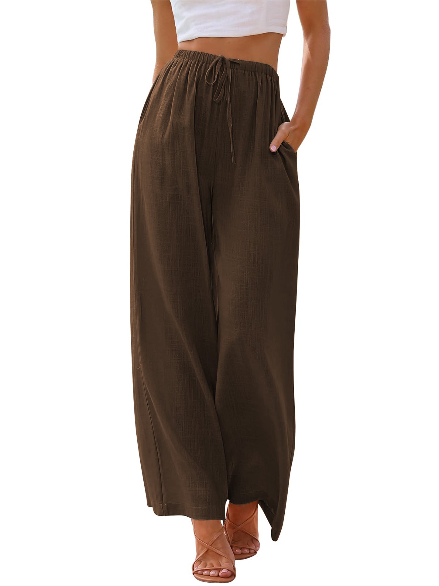TEMOFON Pants for Women Plus Size Wide Leg Linen Pant Summer Casual Palazzo Flowy Pants with Pocket Drawstring Loose Lightweight Pants