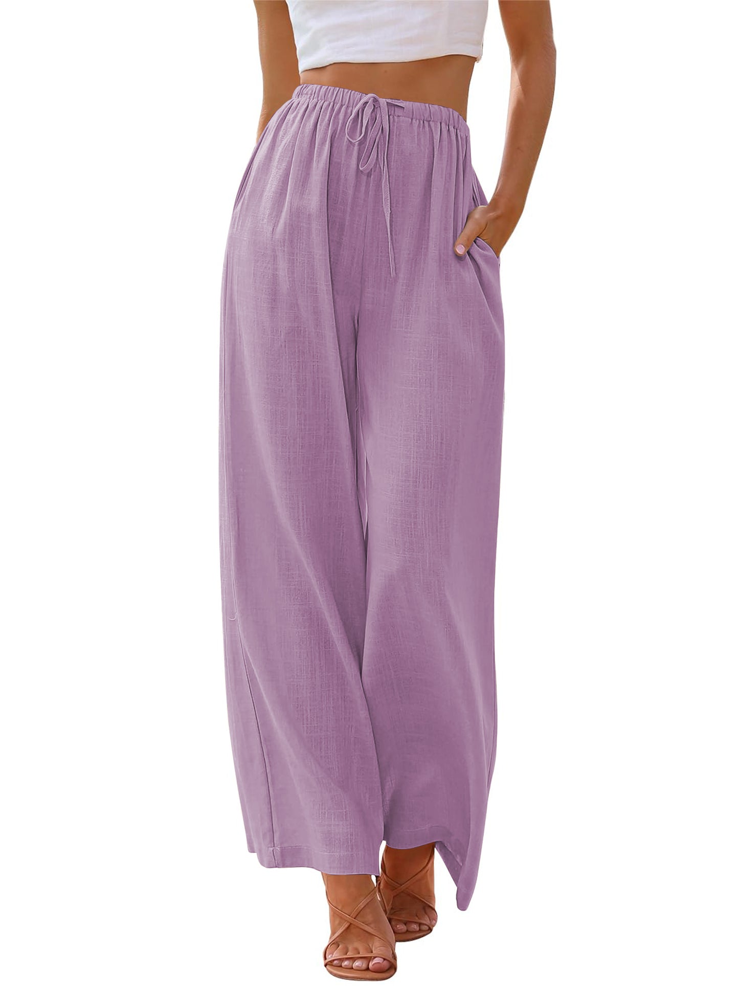 TEMOFON Pants for Women Plus Size Wide Leg Linen Pant Summer Casual Palazzo Flowy Pants with Pocket Drawstring Loose Lightweight Pants
