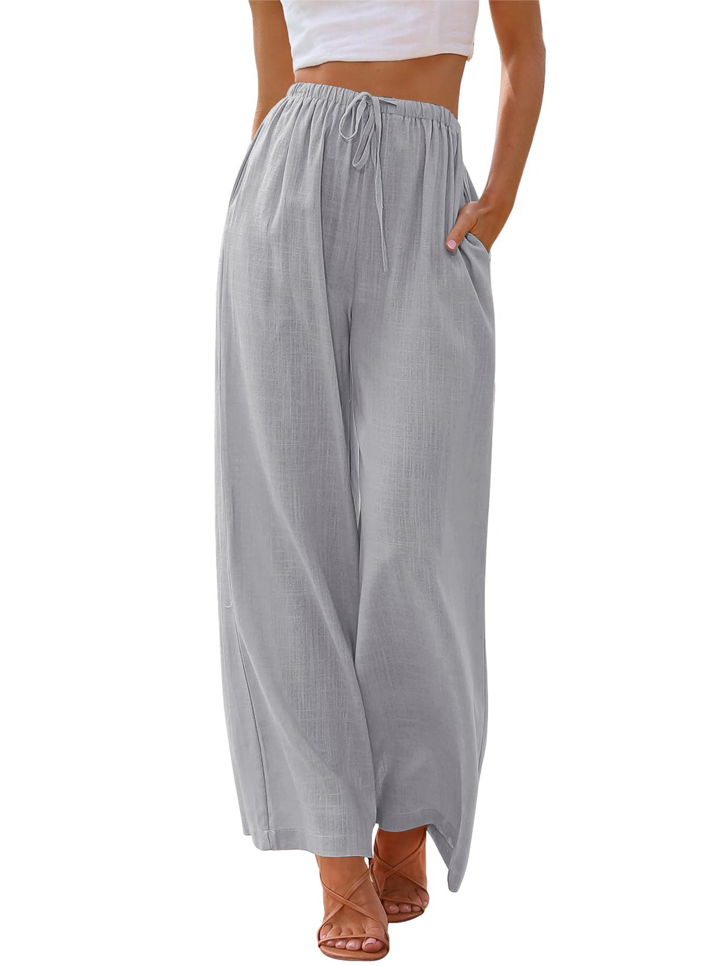 TEMOFON Pants for Women Plus Size Wide Leg Linen Pant Summer Casual Palazzo Flowy Pants with Pocket Drawstring Loose Lightweight Pants