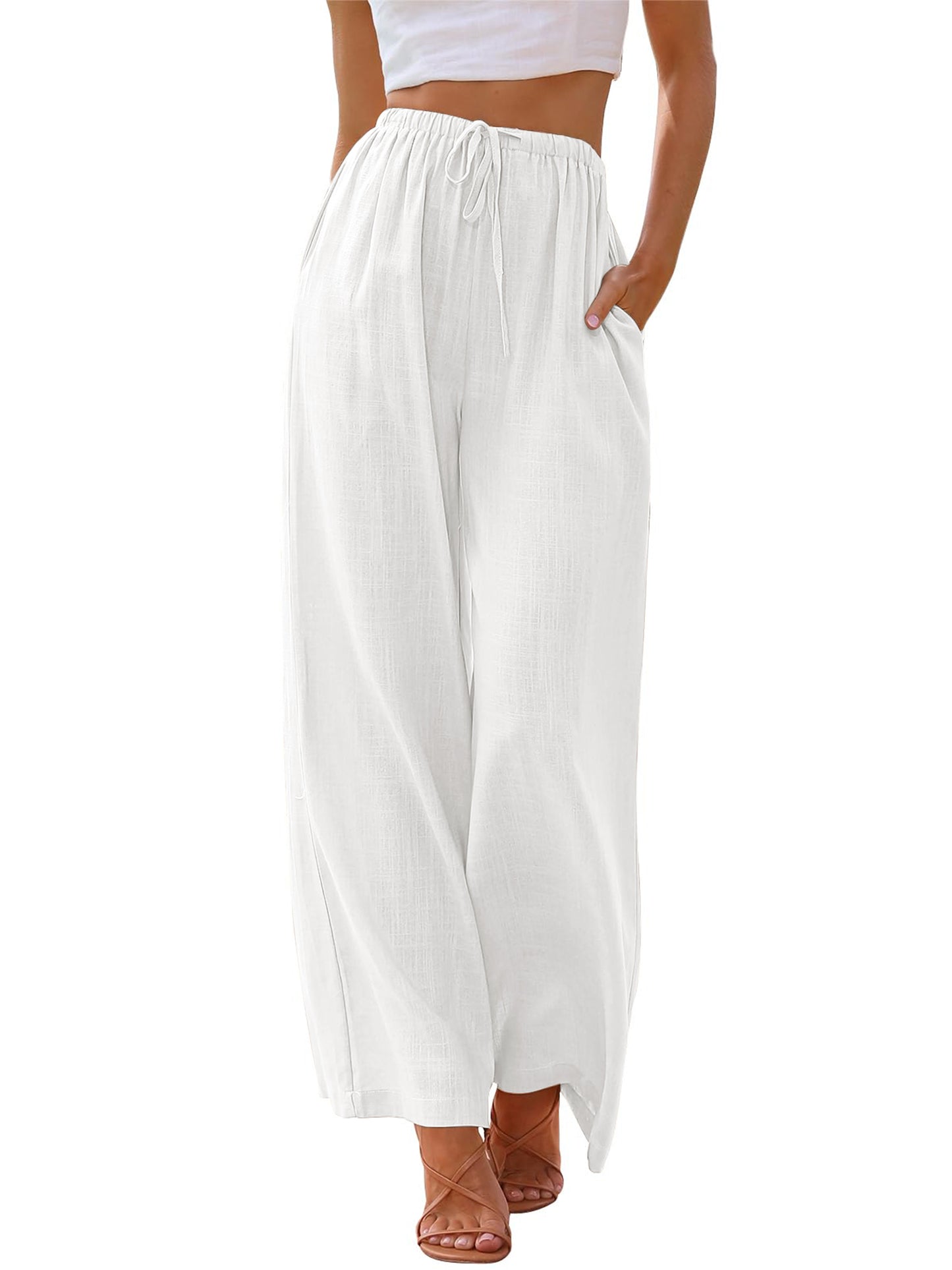 TEMOFON Pants for Women Plus Size Wide Leg Linen Pant Summer Casual Palazzo Flowy Pants with Pocket Drawstring Loose Lightweight Pants