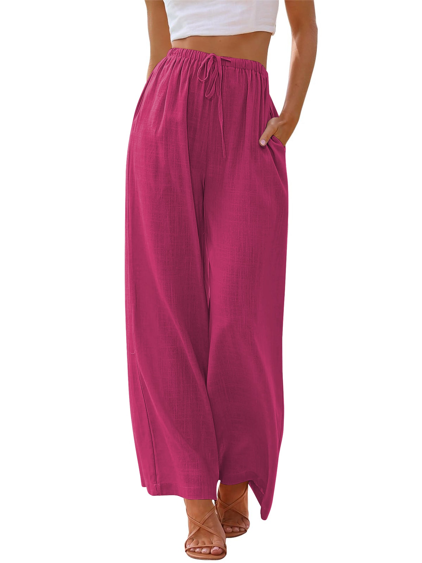 TEMOFON Pants for Women Plus Size Wide Leg Linen Pant Summer Casual Palazzo Flowy Pants with Pocket Drawstring Loose Lightweight Pants