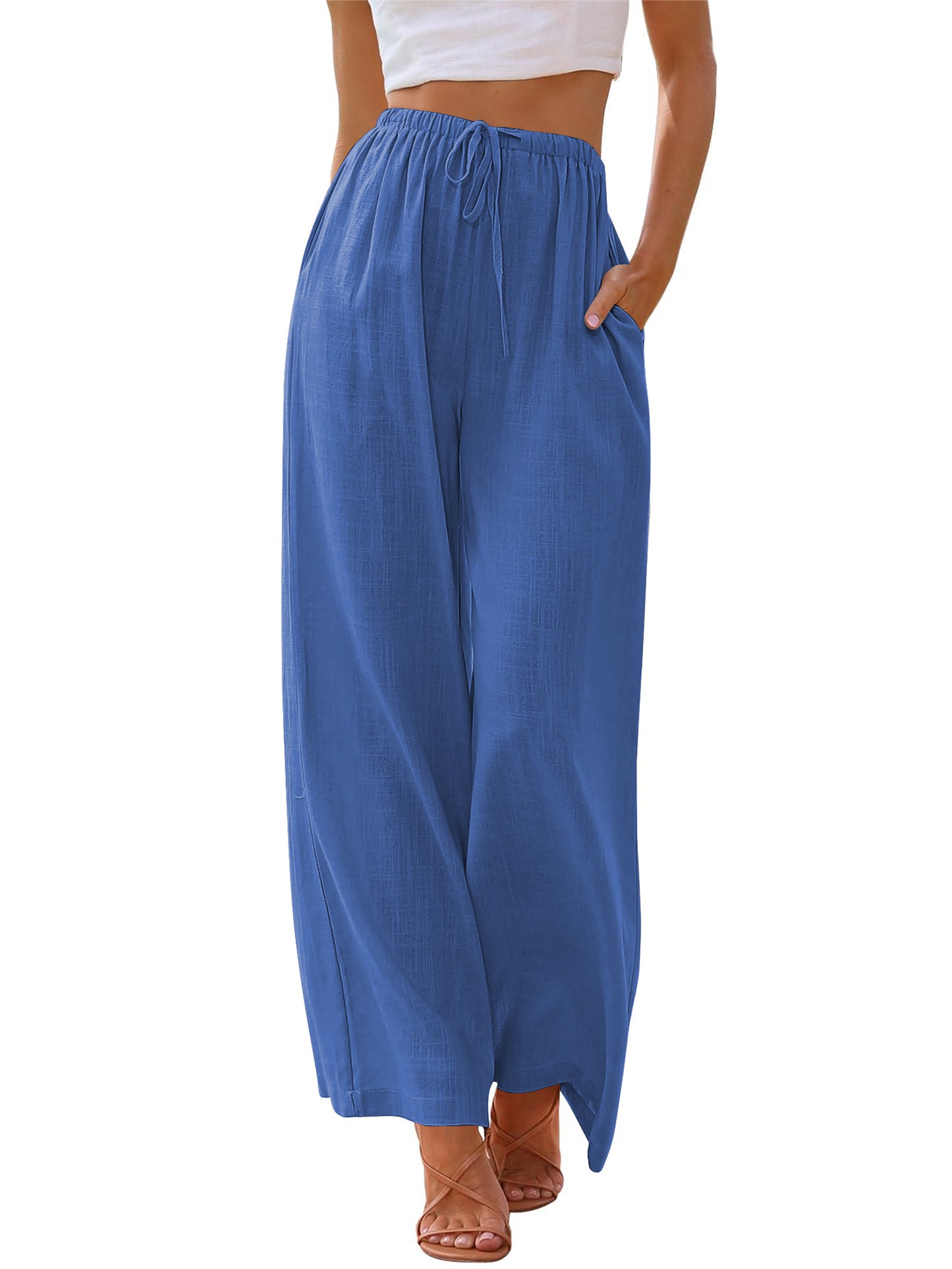 TEMOFON Pants for Women Plus Size Wide Leg Linen Pant Summer Casual Palazzo Flowy Pants with Pocket Drawstring Loose Lightweight Pants