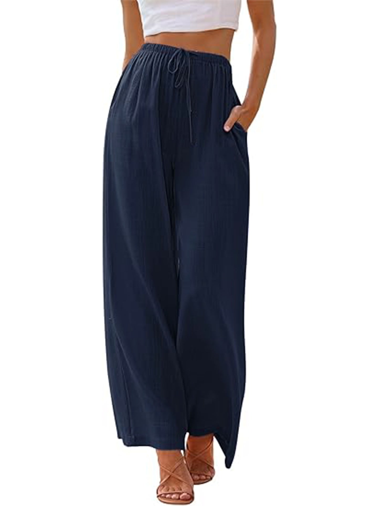 TEMOFON Pants for Women Plus Size Wide Leg Linen Pant Summer Casual Palazzo Flowy Pants with Pocket Drawstring Loose Lightweight Pants