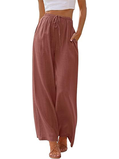 TEMOFON Pants for Women Plus Size Wide Leg Linen Pant Summer Casual Palazzo Flowy Pants with Pocket Drawstring Loose Lightweight Pants