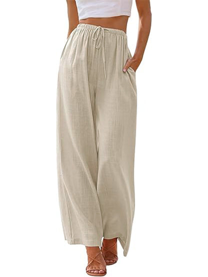 TEMOFON Pants for Women Plus Size Wide Leg Linen Pant Summer Casual Palazzo Flowy Pants with Pocket Drawstring Loose Lightweight Pants