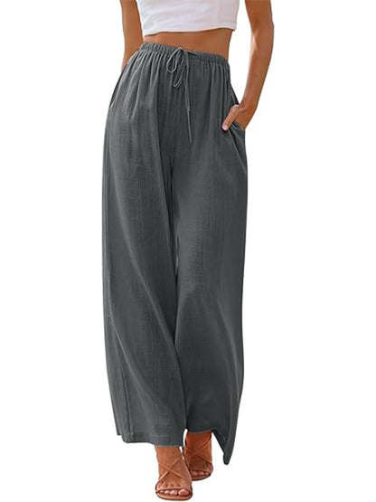 TEMOFON Pants for Women Plus Size Wide Leg Linen Pant Summer Casual Palazzo Flowy Pants with Pocket Drawstring Loose Lightweight Pants