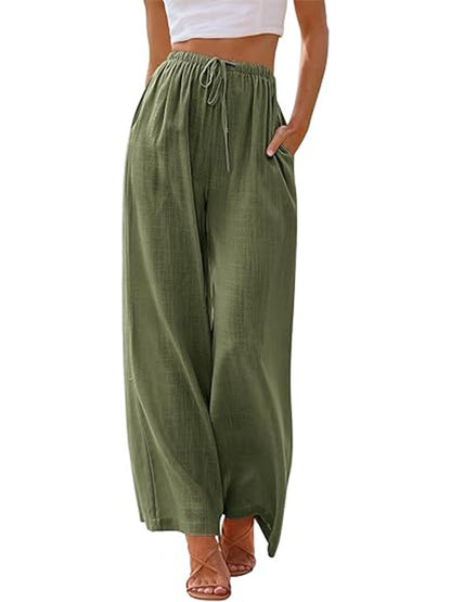 TEMOFON Pants for Women Plus Size Wide Leg Linen Pant Summer Casual Palazzo Flowy Pants with Pocket Drawstring Loose Lightweight Pants