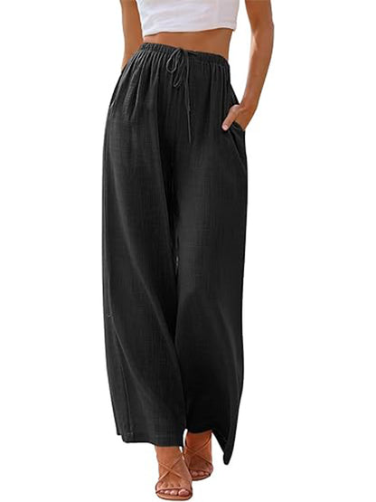 TEMOFON Pants for Women Plus Size Wide Leg Linen Pant Summer Casual Palazzo Flowy Pants with Pocket Drawstring Loose Lightweight Pants