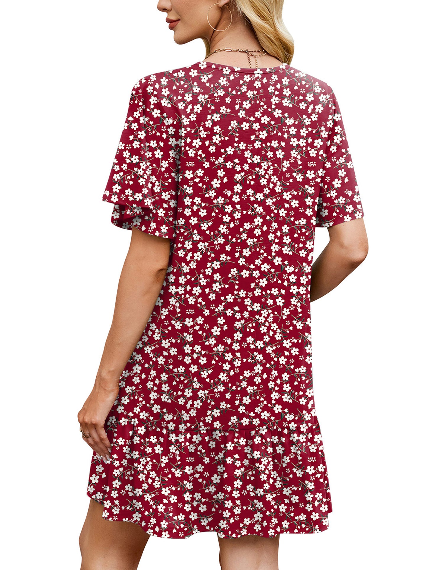 SHIBEVER Women Summer Dresses Casual Ruffle Hem Smock Mini Dress Comfy Short Sleeve Loose Fit Solid Color Shirt Dress