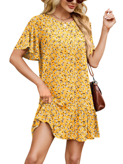 SHIBEVER Summer Dresses for Women Short Sleeve Crewneck Shirt Dress Casual Ruffle Hem Swimming Skirts Loose Mini Dresses