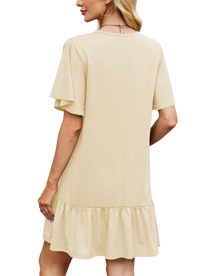 SHIBEVER Women Summer Dresses Casual Ruffle Hem Smock Mini Dress Comfy Short Sleeve Loose Fit Solid Color Shirt Dress