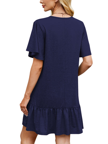 SHIBEVER Women Summer Dresses Casual Ruffle Hem Smock Mini Dress Comfy Short Sleeve Loose Fit Solid Color Shirt Dress