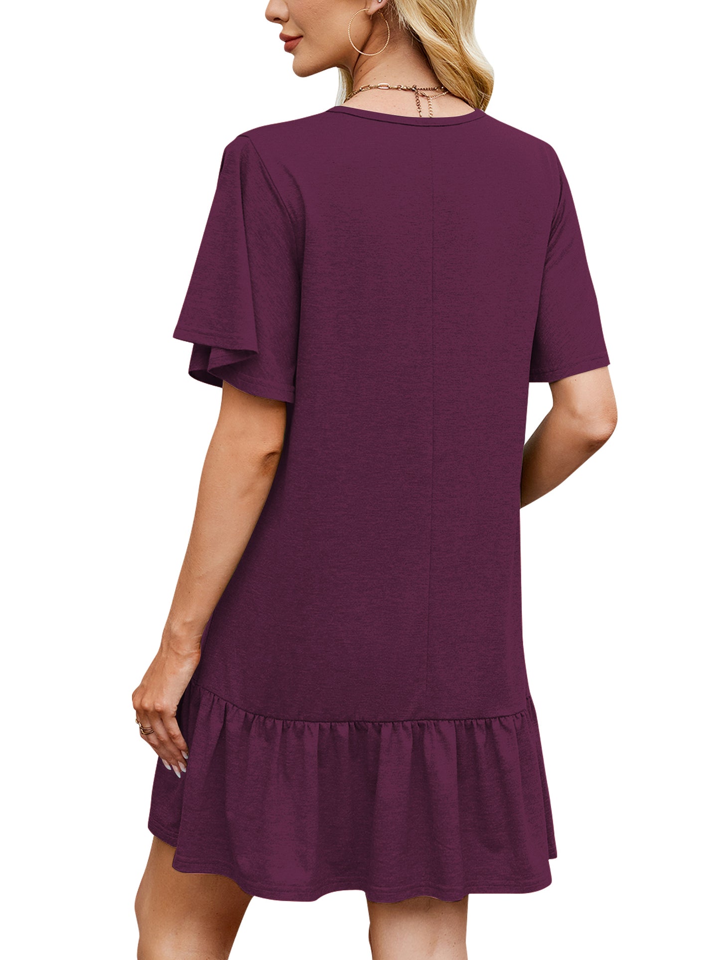 SHIBEVER Women Summer Dresses Casual Ruffle Hem Smock Mini Dress Comfy Short Sleeve Loose Fit Solid Color Shirt Dress