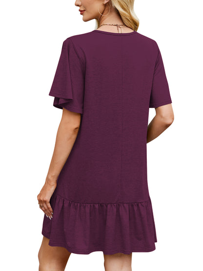SHIBEVER Women Summer Dresses Casual Ruffle Hem Smock Mini Dress Comfy Short Sleeve Loose Fit Solid Color Shirt Dress