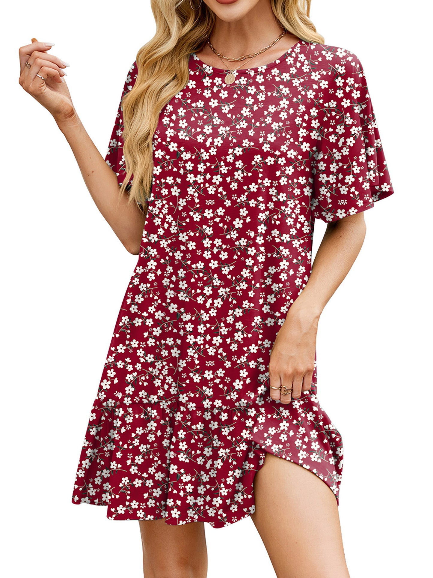 SHIBEVER Women Summer Dresses Casual Ruffle Hem Smock Mini Dress Comfy Short Sleeve Loose Fit Solid Color Shirt Dress