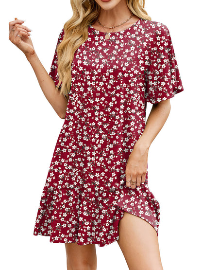 SHIBEVER Women Summer Dresses Casual Ruffle Hem Smock Mini Dress Comfy Short Sleeve Loose Fit Solid Color Shirt Dress