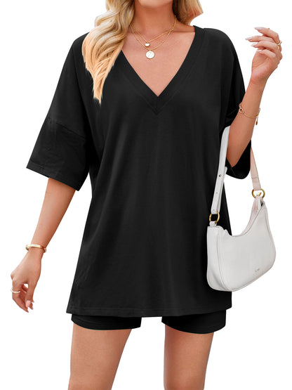 TEMOFON 2 Piece Sets for Women Summer Loungewear Outfits Oversized V Neck T Shirts Tops Biker Shorts Set Lounge Pajamas Tracksuit
