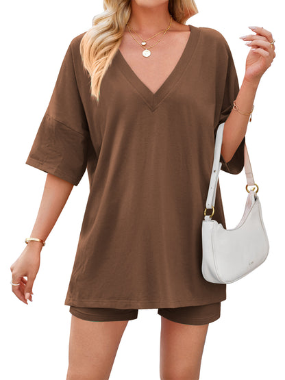 TEMOFON 2 Piece Sets for Women Summer Loungewear Outfits Oversized V Neck T Shirts Tops Biker Shorts Set Lounge Pajamas Tracksuit
