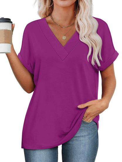 SHIBEVER Womens Tops Summer Short Sleeve Shirts for Women V Neck T Shirts for Women Casual Dark Grey Tunic Tops for Women Loose Fit