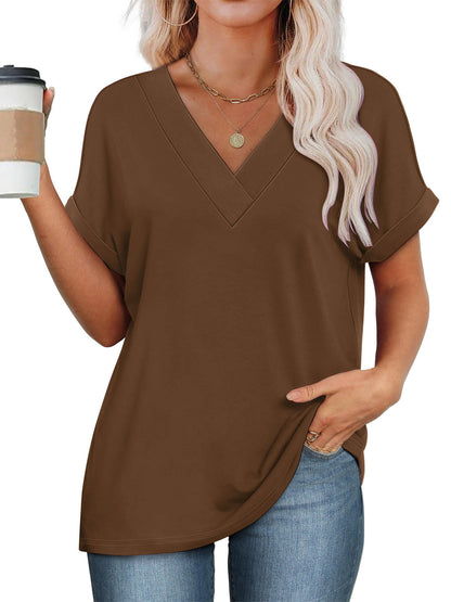 SHIBEVER Womens Tops Summer Short Sleeve Shirts for Women V Neck T Shirts for Women Casual Dark Grey Tunic Tops for Women Loose Fit