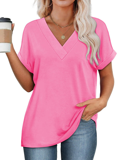 SHIBEVER Womens Tops Summer Short Sleeve Shirts for Women V Neck T Shirts for Women Casual Dark Grey Tunic Tops for Women Loose Fit