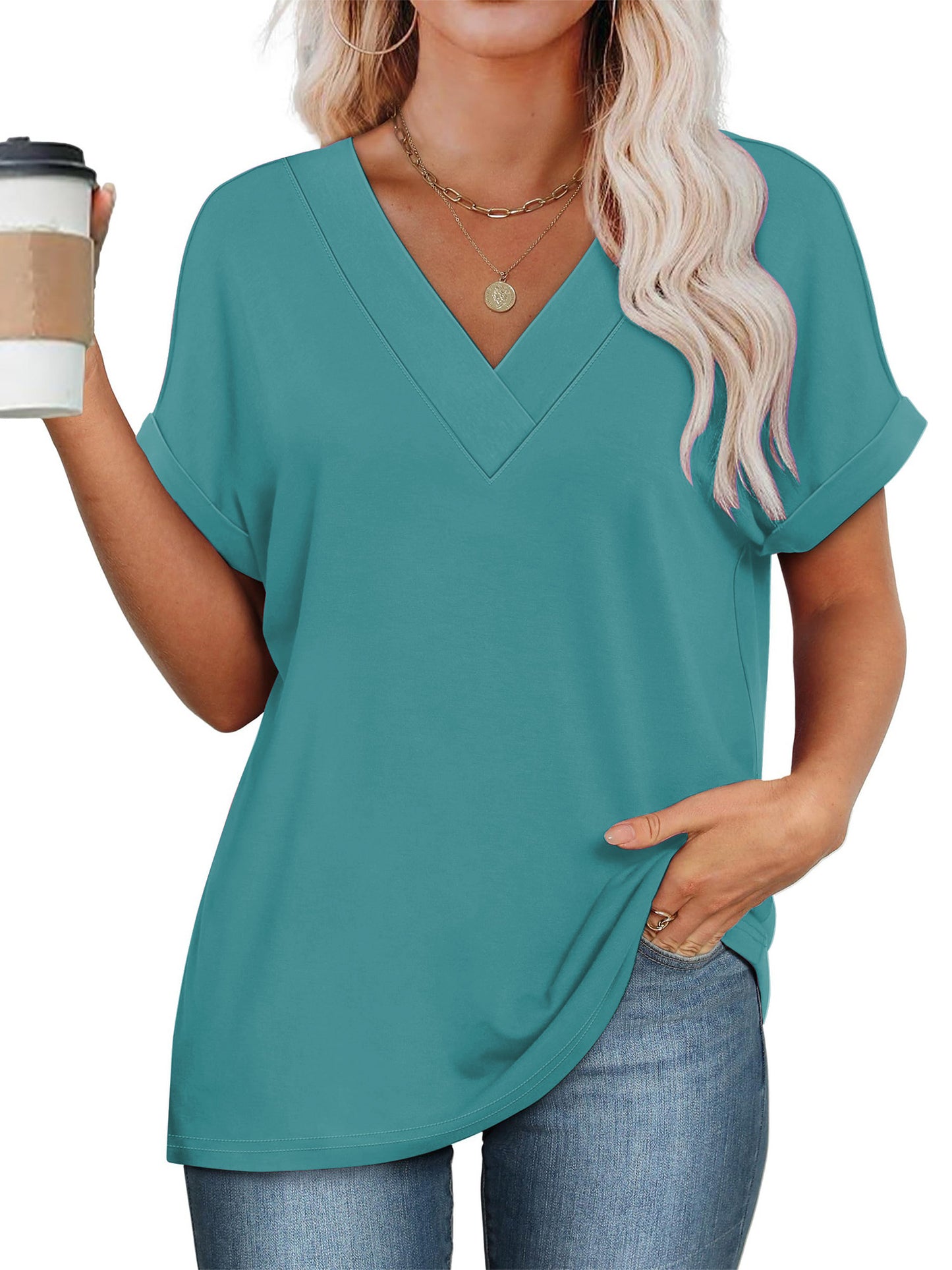 SHIBEVER Womens Tops Summer Short Sleeve Shirts for Women V Neck T Shirts for Women Casual Dark Grey Tunic Tops for Women Loose Fit