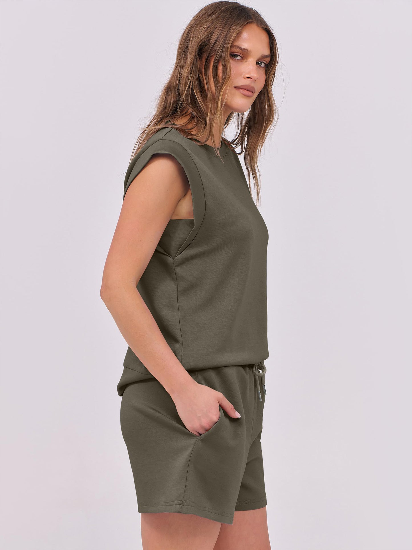 SHIBEVER 2 Piece Sets for Women Summer Casual Sleeveless Womens Tops and Shorts Set with Pockets Womens Clothing 2pcs Sets Green