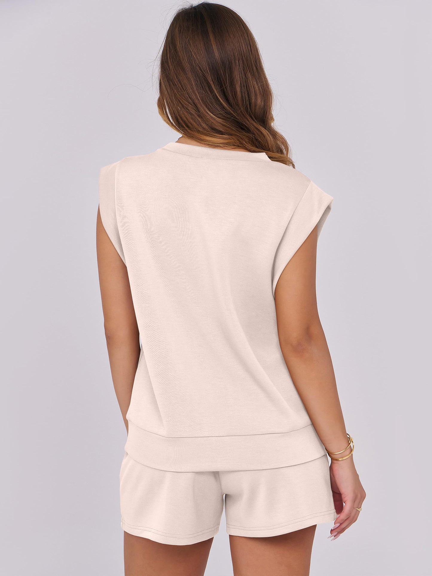 SHIBEVER 2 Piece Sets for Women Summer Casual Sleeveless Crew Neck Top and Shorts Set Outfits for Women Tops with Pockets Apricot Almond