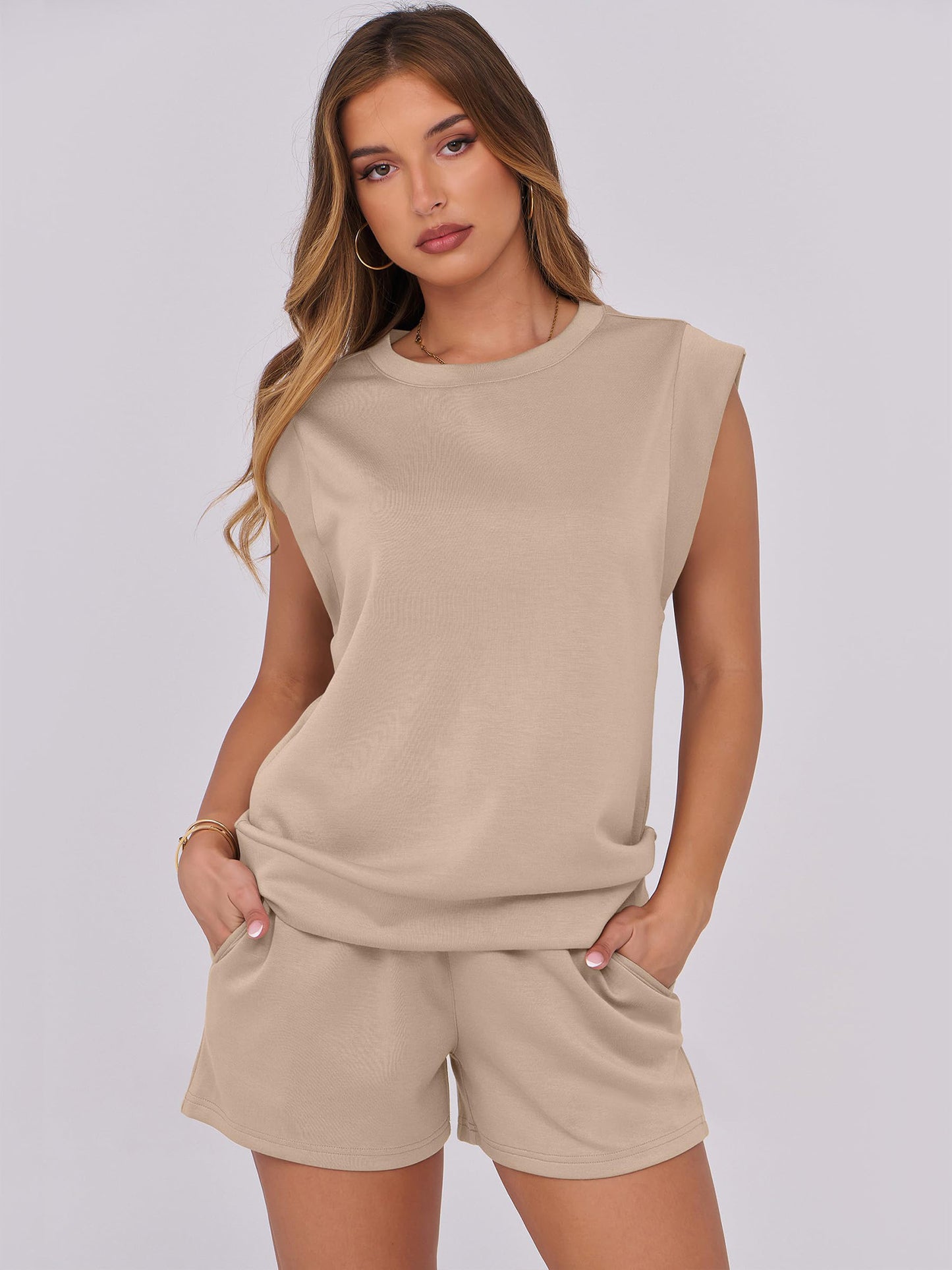 SHIBEVER 2 Piece Sets for Women Summer Casual Sleeveless Top and Shorts Set Women Lounge Set Outfits Women Tops 2pcs Set Khahi