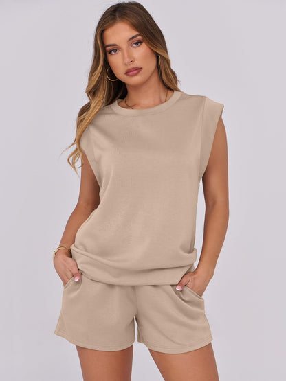 SHIBEVER 2 Piece Sets for Women Summer Casual Sleeveless Top and Shorts Set Women Lounge Set Outfits Women Tops 2pcs Set Khahi