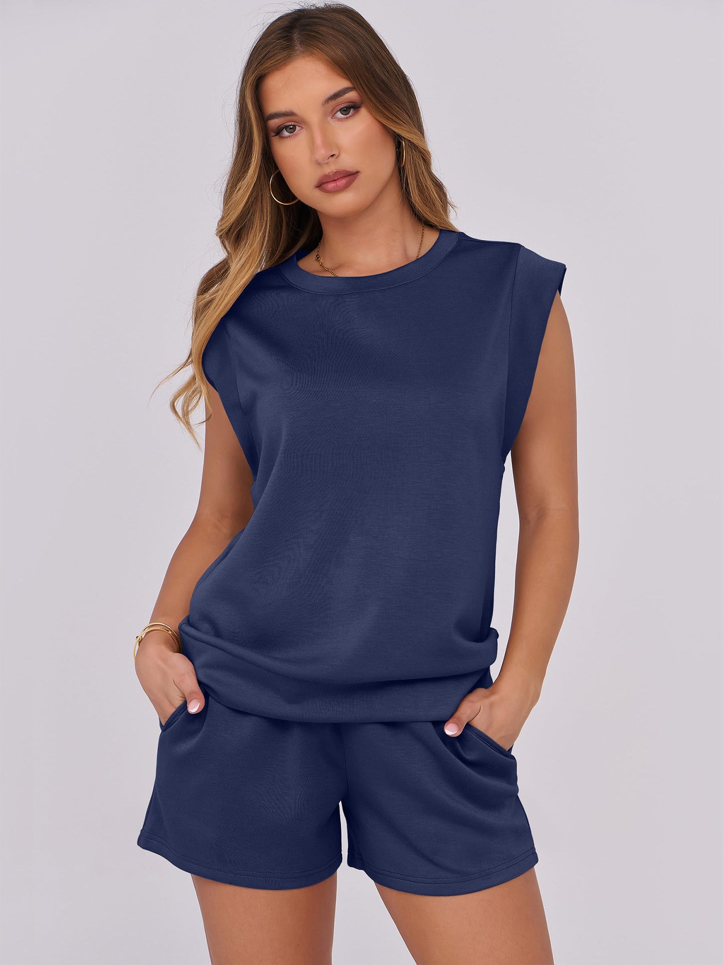 SHIBEVER 2 Piece Sets for Women Summer Casual Sleeveless Top and Shorts Set Womens Lounge Sets Clothing Women Tops 2pcs Set Dark Blue