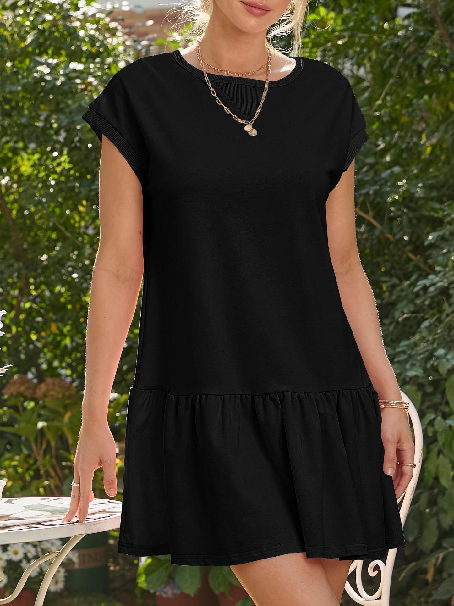 SHIBEVER Womens Summer Dress Casual Ruffle Hem Babydoll T Shirt Dresses for Women Comfy Cap Sleeve Loose Mini Dresses