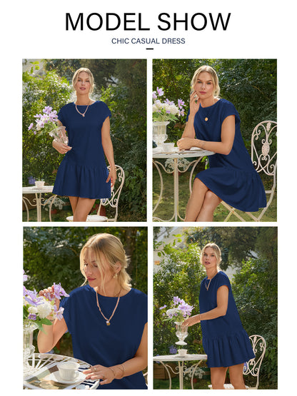 SHIBEVER Womens Summer Dress Casual Ruffle Hem Babydoll T Shirt Dresses for Women Comfy Cap Sleeve Loose Mini Dresses