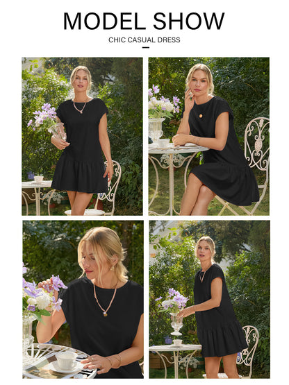 SHIBEVER Womens Summer Dress Casual Ruffle Hem Babydoll T Shirt Dresses for Women Comfy Cap Sleeve Loose Mini Dresses