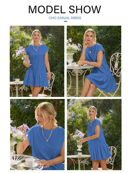 SHIBEVER Womens Summer Dress Casual Ruffle Hem Babydoll T Shirt Dresses for Women Comfy Cap Sleeve Loose Mini Dresses